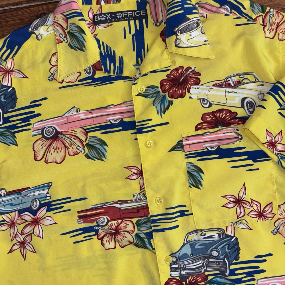 Box Office Island Hawaiian Shirt Mens Medium Yellow Classic‎ Car Hibiscus Print
